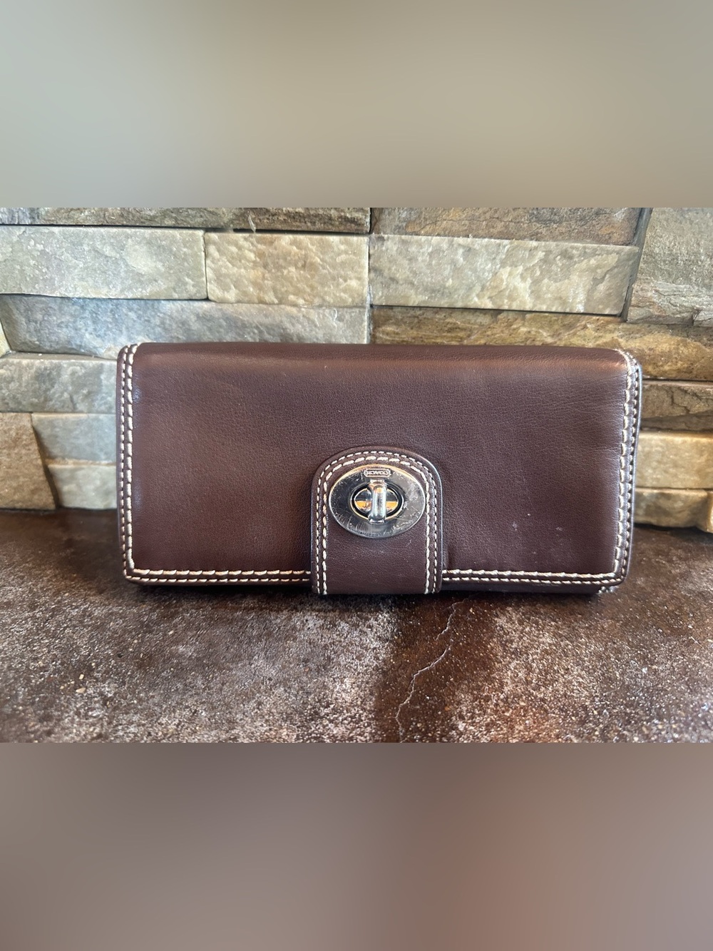 Coach Dark Brown Leather Wallet with Silver Turnlock